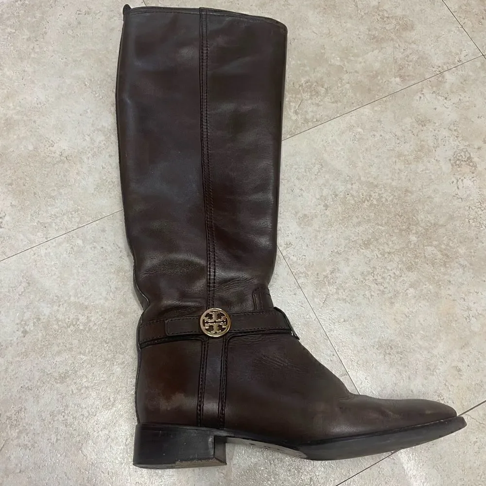 Tory Burch- Brown Bristol Leather Riding Boot with Gold Hardware, Sz 6.5